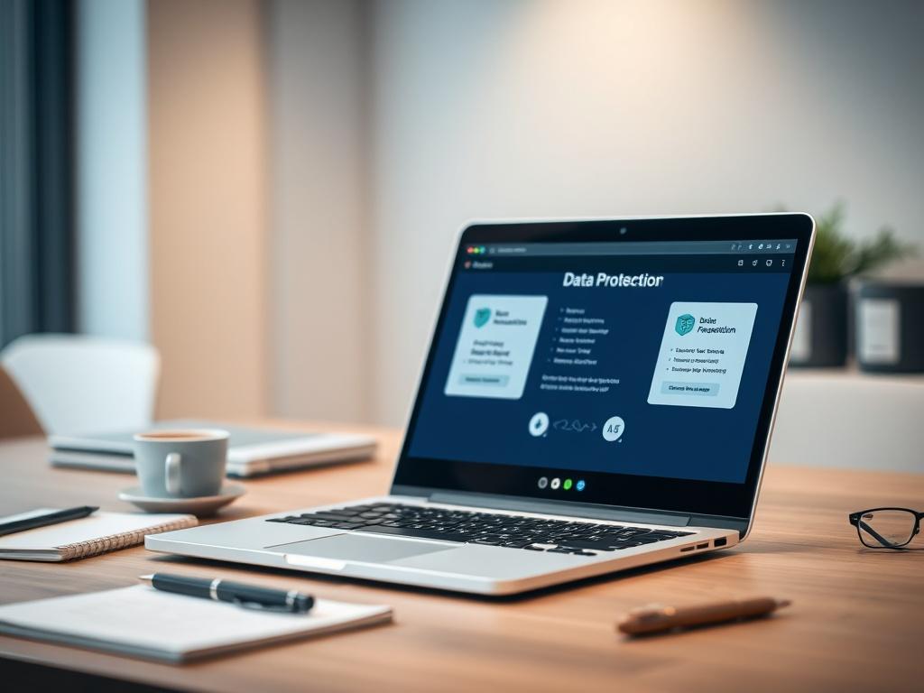 Create a realistic high-resolution photo that represents the concept of IT care for small businesses, focusing on data backup solutions. The image should feature a single subject: a professional-looking laptop open on a modern office desk. The laptop screen should display a clear, user-friendly backup software interface, highlighting data protection features, but without any text.

The background should be a softly blurred office environment with neutral tones, emphasizing professionalism and organization. 