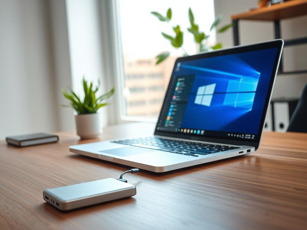 **Prompt for AI Image Generation:**

Create a realistic high-resolution photo that illustrates the theme of optimizing Windows 10/11 systems. The image should feature a modern laptop opened and positioned on a sleek, wooden desk, showcasing the screen displaying the Windows operating system. The laptop should have a clean and fresh appearance, representing efficiency and professionalism.

In the foreground, prominently display a sleek, minimalist external hard drive next to the laptop, symbolizing data mana