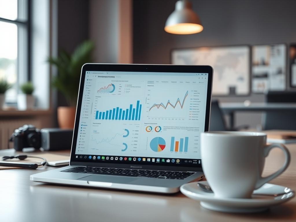 A close-up shot of a laptop displaying a complex technical audit report on its screen, with graphs and data visualizations visible. The background should be a clean, modern workspace with a few tech gadgets and a soft-focus on a coffee cup, highlighting a professional yet inviting atmosphere.
