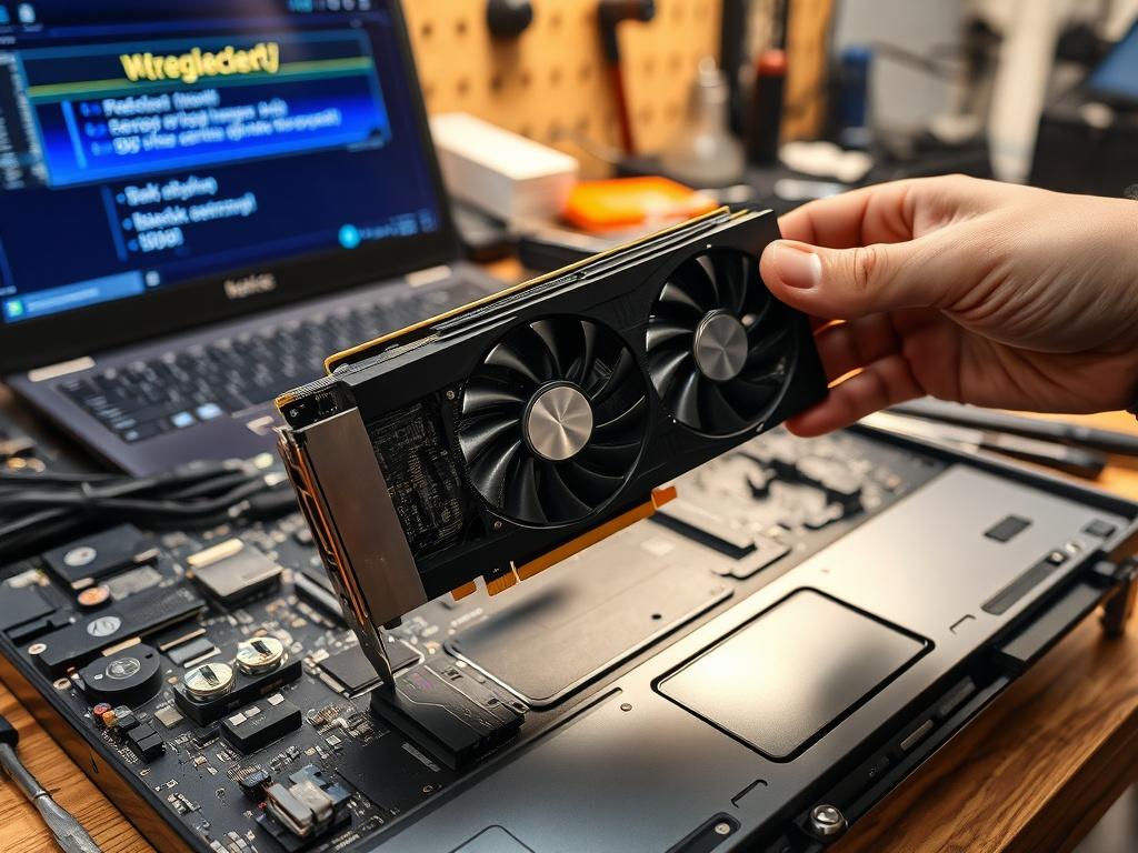 Create a realistic high-resolution photo depicting a close-up view of a disassembled laptop on a workbench. The focus should be on a graphics card (GPU) being diagnosed for issues, such as visible artifacts or a complete lack of display. Incorporate signs of problems, like open diagnostic software displayed on a laptop screen in the background, highlighting issues like "artefakty" or "brak obrazu." The workspace should be organized but exhibit a slight clutter of tools and components, reflecting a professio