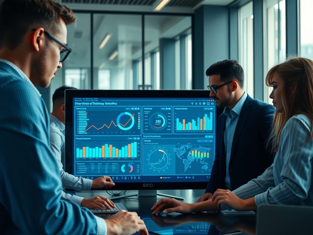 A close-up shot of a team of SEO specialists collaborating over a large screen displaying advanced analytics and SEO metrics. The atmosphere should be dynamic and focused, showcasing teamwork and high-level strategy in a sleek office environment.