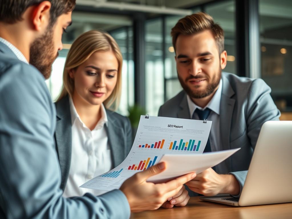 A close-up shot of a professional SEO report being discussed by two individuals in a modern office. The report includes colorful graphs and charts, signifying growth and optimization. The environment should be bright and professional, with a touch of creativity.