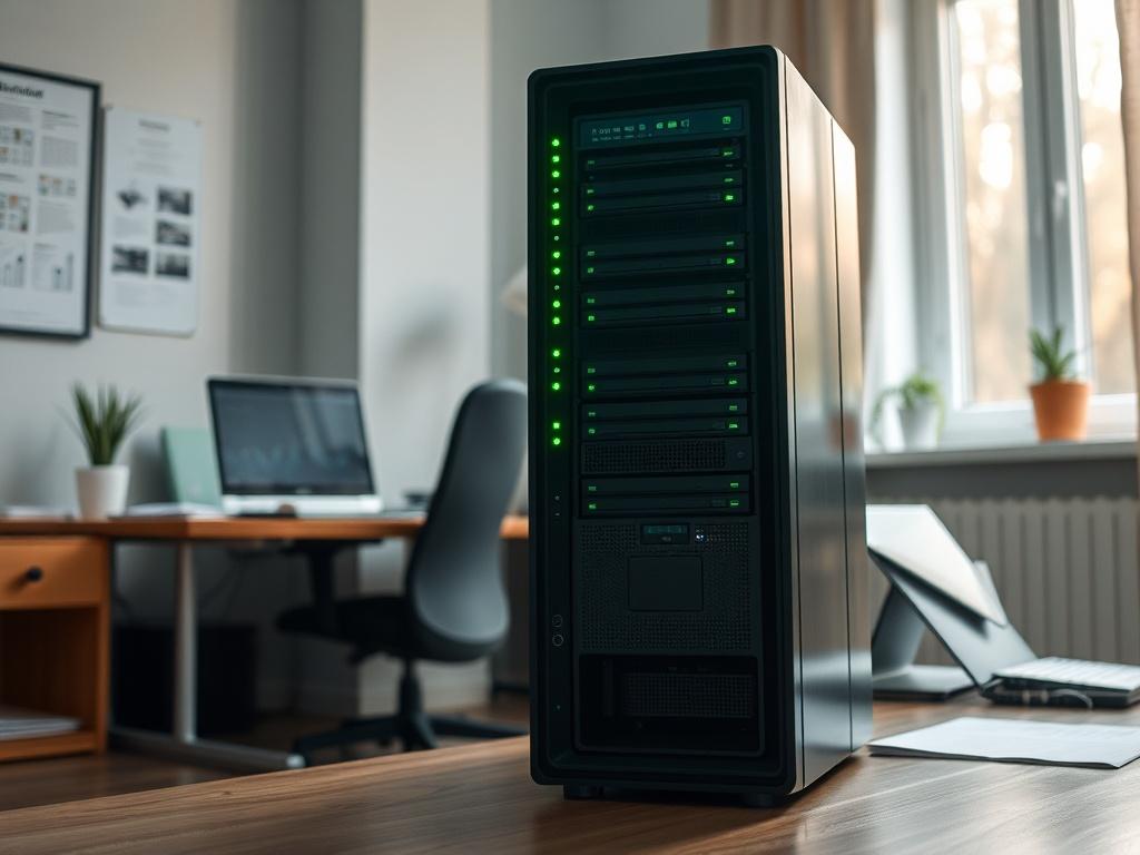 Create a realistic high-resolution photo that encapsulates the essence of the blog titled "Wirtualizacja dla Małych Firm: Jak Uruchomić Kilka Systemów na Jednym Serwerze?". The composition should feature a single subject: a modern, sleek server tower with multiple LED indicators illuminated, symbolizing virtualization technology. The server should be positioned prominently in the foreground, showcasing its details and innovative design.

In the background, depict a small office environment with a clean and 