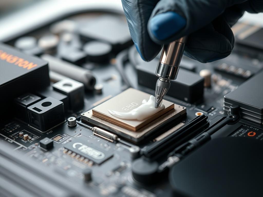 A close-up shot of a gaming laptop's CPU and GPU area during maintenance. The technician is carefully applying thermal paste with a precision tool. The background is softly blurred, highlighting the intricate details of the laptop's internal components. The image should convey a sense of professionalism and technical expertise, with a color palette that matches rgb(50, 170, 39). The focus is on the application process, showcasing the thermal paste being applied to the CPU.