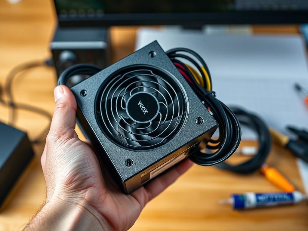 Create a realistic high-resolution photo that visualizes the blog titled "Wymiana Zasilacza w Komputerze Stacjonarnym: Objawy Awarii i Ile To Kosztuje?". The image should focus on a single subject: a close-up of a computer power supply unit (PSU) being held by a person's hands, showcasing its detailed components, including wires and connectors. The background should be a simple, clean workspace setting, perhaps a wooden desk with subtle hints of computer tools like a screwdriver or thermal paste tube, ensur