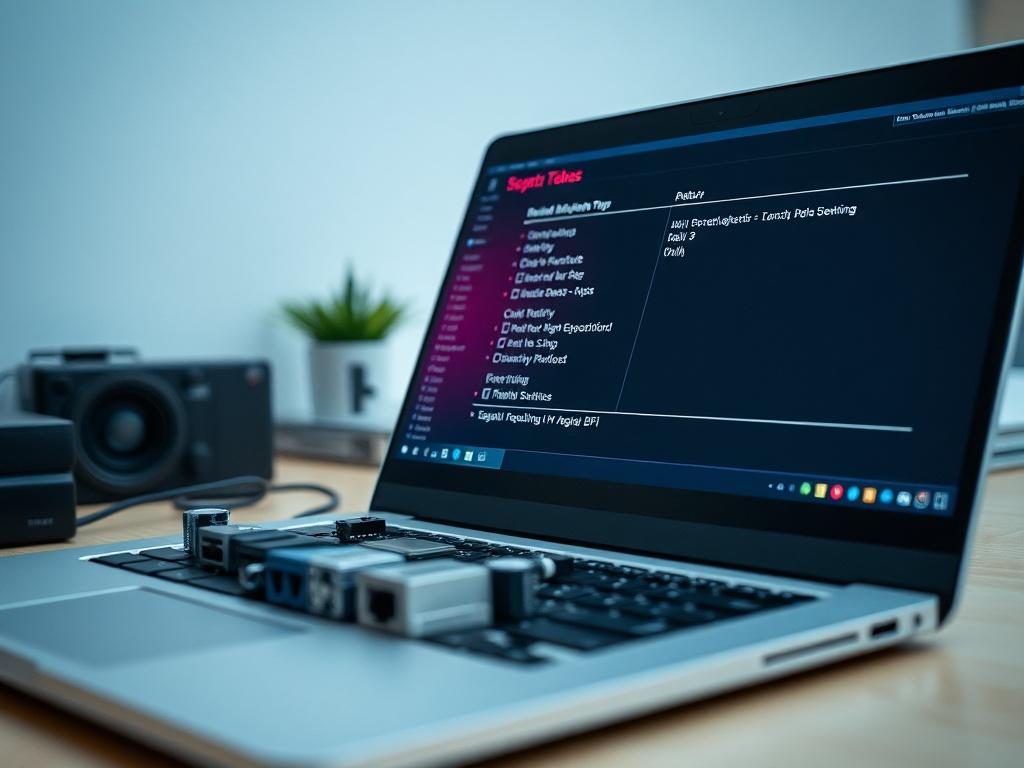 **AI Image Generation Prompt:**

Create a realistic high-resolution photo that visually represents the topic "Resetowanie BIOS/UEFI: Kiedy jest Konieczne i Czy Wymaga Pomocy Serwisu?". The focal point of the image should be an open laptop or desktop computer, with the BIOS/UEFI interface displayed prominently on the screen. The setting should convey a sense of high-tech expertise, ideally featuring a close-up shot of the computer's motherboard or the motherboard UI on the screen.

The subject matter should 