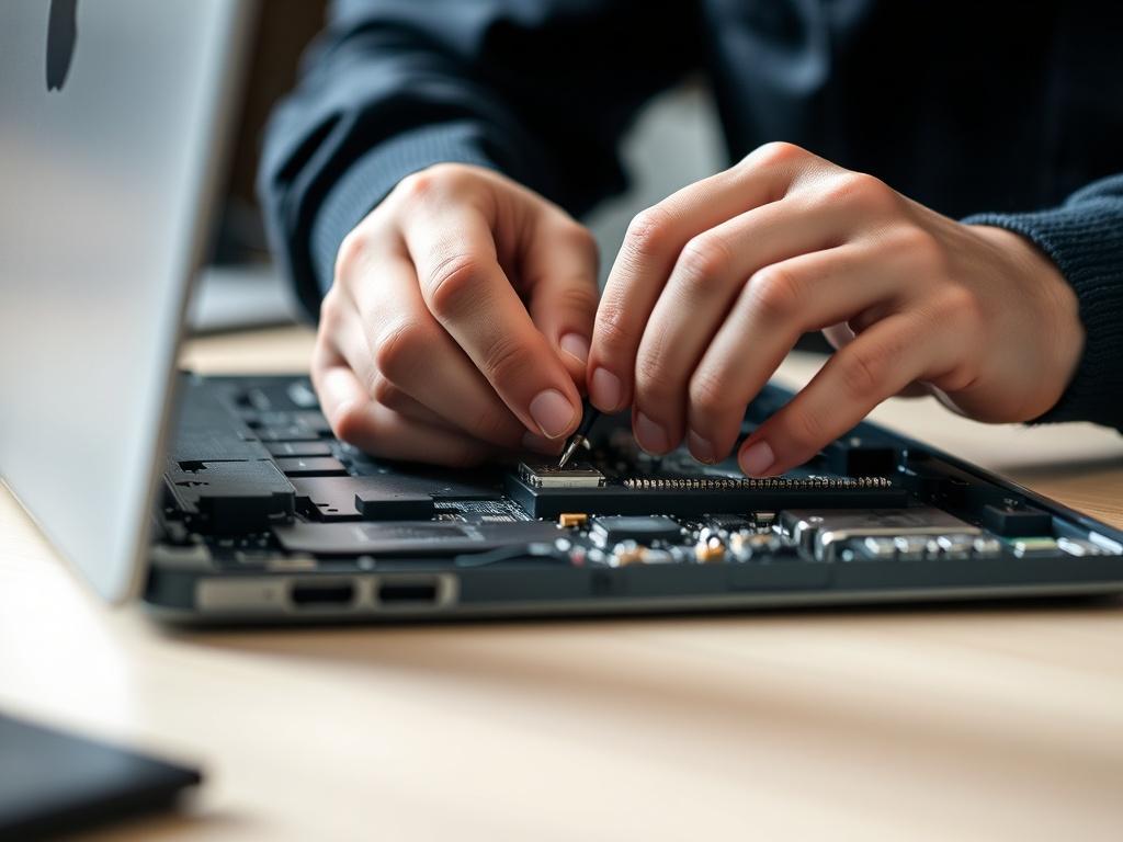 A close-up shot of a technician's hands carefully replacing computer components inside a laptop. The focus is on the intricate details of the components being handled, showcasing the precision of the work. The background is softly blurred, emphasizing the technician's work. The photo captures the essence of high-quality computer repair services, with a realistic and professional feel.