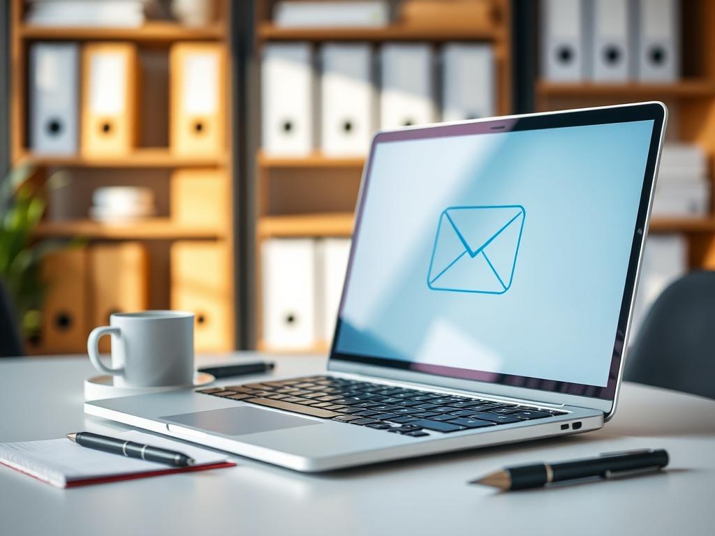 Create a realistic high-resolution photo that represents the theme of email encryption for secure business communication in accordance with GDPR. The composition should be simple and clear, featuring a single subject: a modern laptop open on a sleek office desk. The screen should display a visually engaging and friendly email interface, hinting at features like email encryption and secure communications, but without showing any text or logos. 

The laptop should be positioned prominently in the center of th