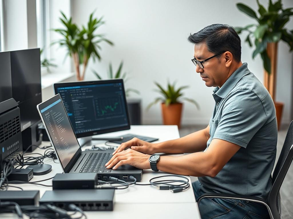 Create a realistic high-resolution photo featuring a professional IT technician intently configuring a network router in a modern office environment. The technician, a middle-aged individual of Asian descent wearing a polo shirt and casual jeans, is seated at a sleek desk cluttered with networking equipment such as routers, switches, and cables. 

The technician is actively engaged in connecting cables to the router, with a laptop open in front of them displaying network configuration software. Use a shallo