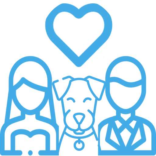 An icon of a dog in between a bride and groom