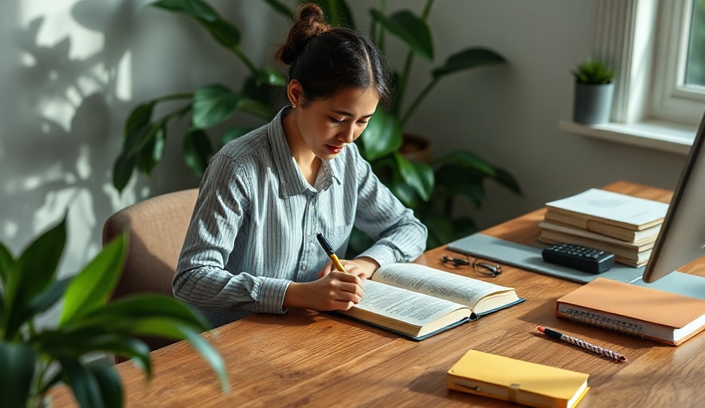 Author writing at desk with inspiration