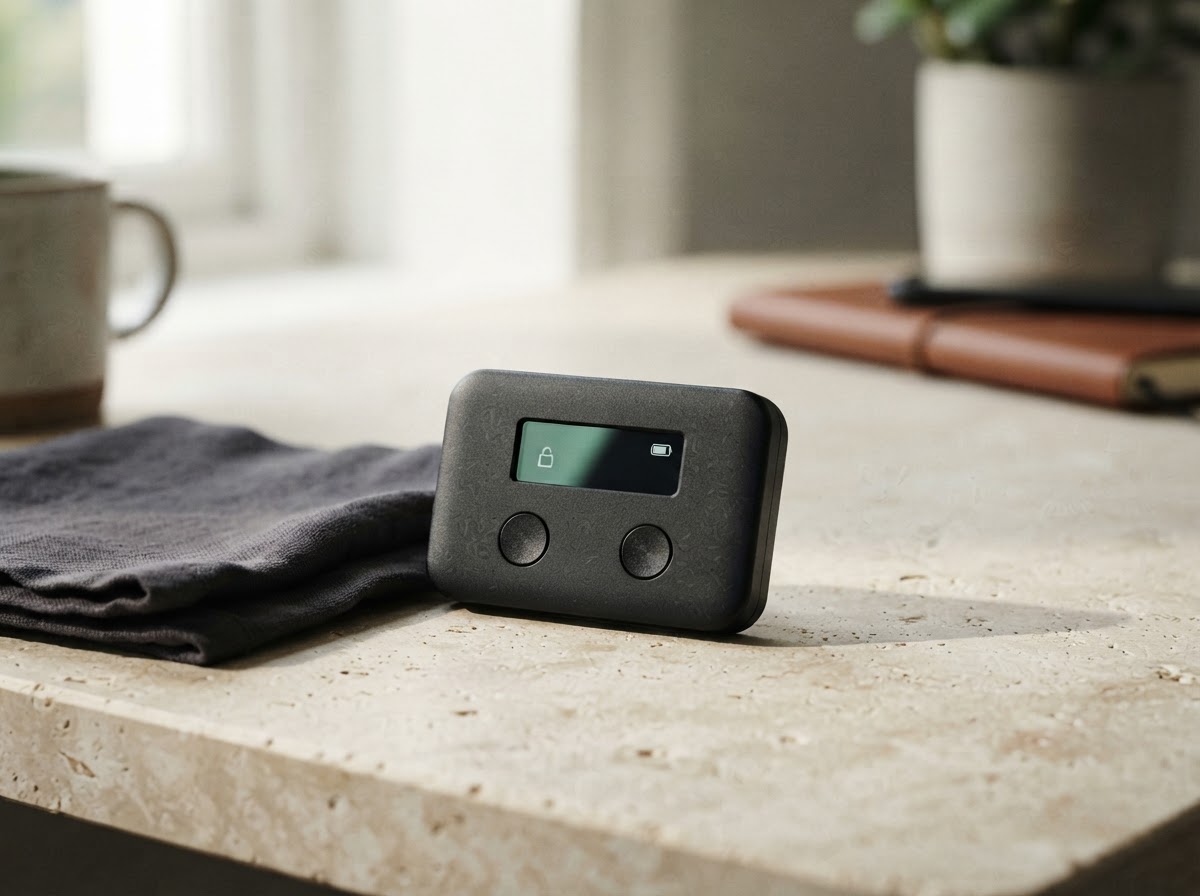 A compact hardware security wallet resting on a neutral stone surface