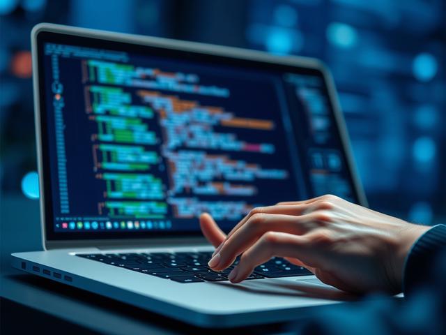 Create a hyper-realistic, high-resolution close-up image shot with a 45mm f/1.2 lens style, featuring a single subject: a focused software engineer’s hands typing on a sleek laptop keyboard displaying code related to website security. The screen should subtly show elements indicating mobile application development and testing across various mobile operating systems (iOS, Android icons or interface snippets), seamlessly integrated into the code environment. The background is softly blurred in shades of deep 