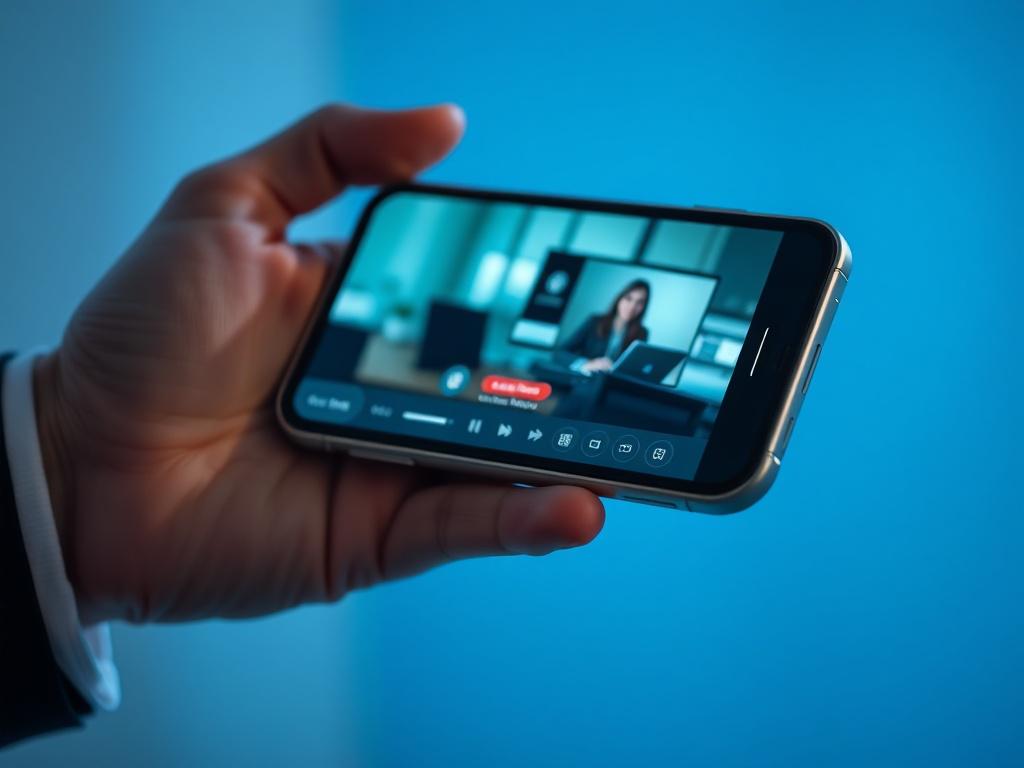 A hyper-realistic close-up shot of a smartphone displaying a remote support session on its screen, captured with a 45mm f/1.2 lens style. The smartphone is held in a professional hand, with a clear, focused view of the screen showing a remote access interface. The background is softly blurred with shades of rgb(2, 86, 197) blue, providing a clean and tech-focused atmosphere. The lighting highlights the device's sleek design and the clarity of the user interface.