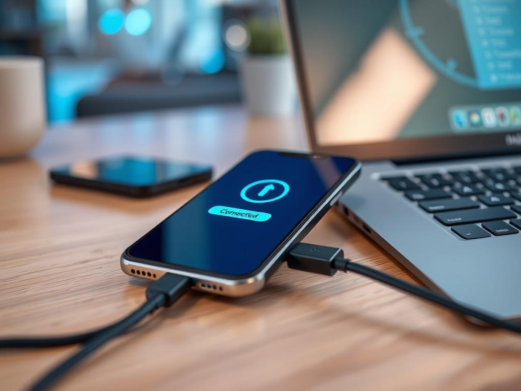 A close-up, hyper-realistic photo of a modern smartphone connected to a laptop via a sleek USB cable, symbolizing device connectivity. The focus is sharp on the smartphone's screen displaying a connection status, shot with a 45mm f/1.2 lens style to create a shallow depth of field. The background is blurred with a clean tech workspace ambiance, featuring subtle hints of rgb(2, 86, 197) blue tones reflecting on surfaces, emphasizing a high-tech, professional environment.
