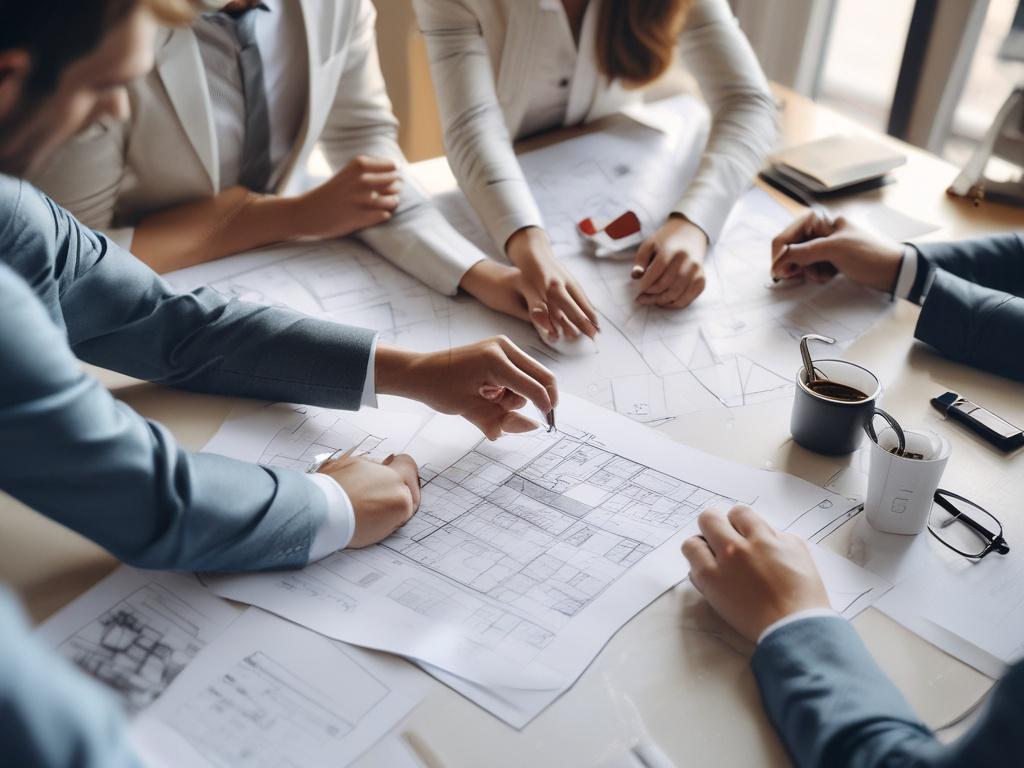 A hyper-realistic close-up shot of a diverse group of investors analyzing property blueprints and financial documents around a modern conference table. The setting features a sleek, contemporary design with soft lighting, showcasing the focus and determination on their faces. Use a 45mm f/1.2 lens for a sharp foreground and a softly blurred background, with a color palette that aligns with #CFB07C.