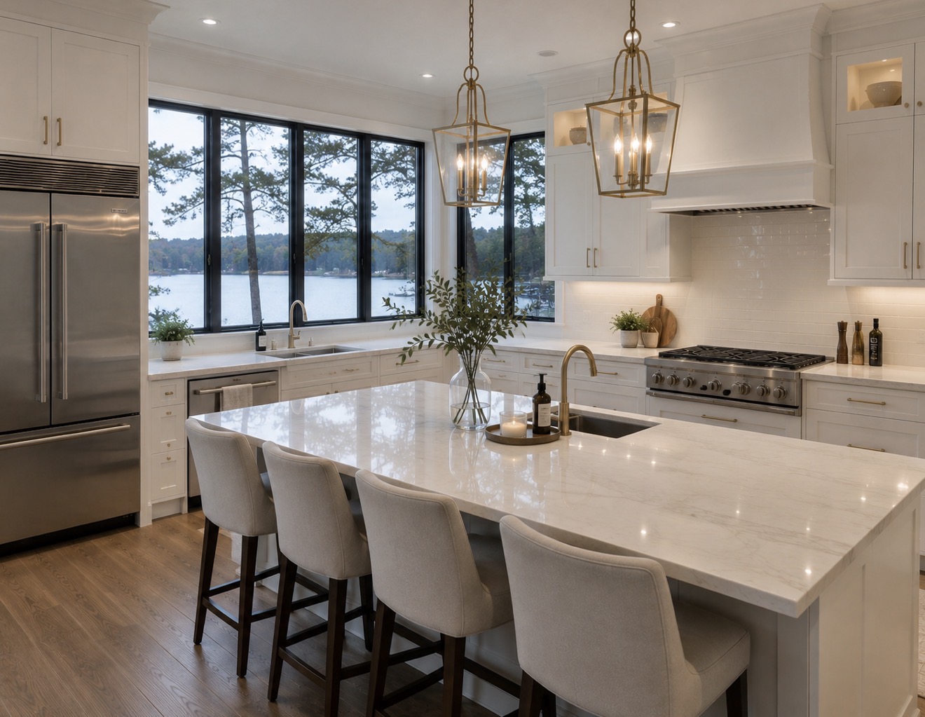 Luxury kitchen with marble island and pristine finishes