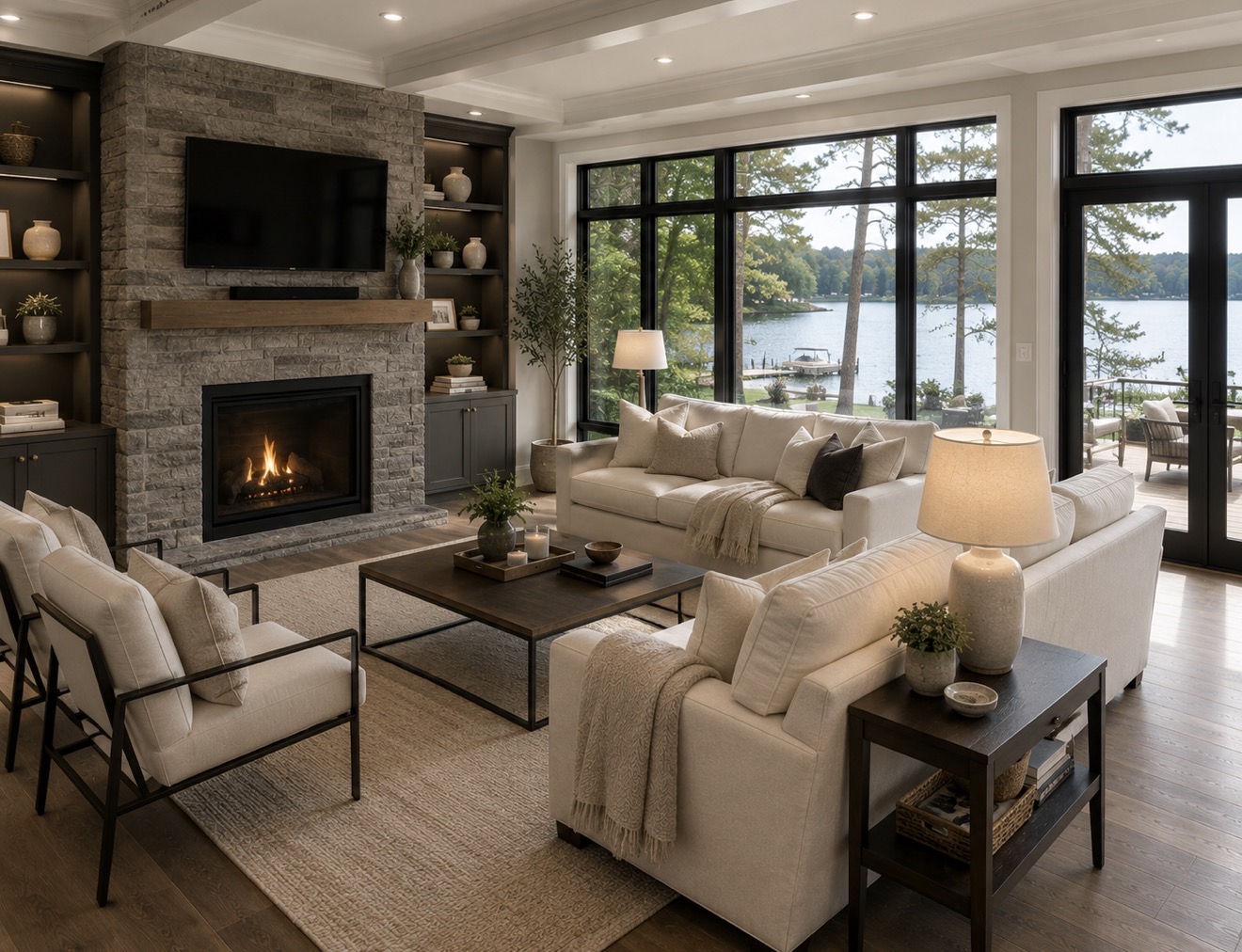 Elegant living room with fireplace and serene finishes