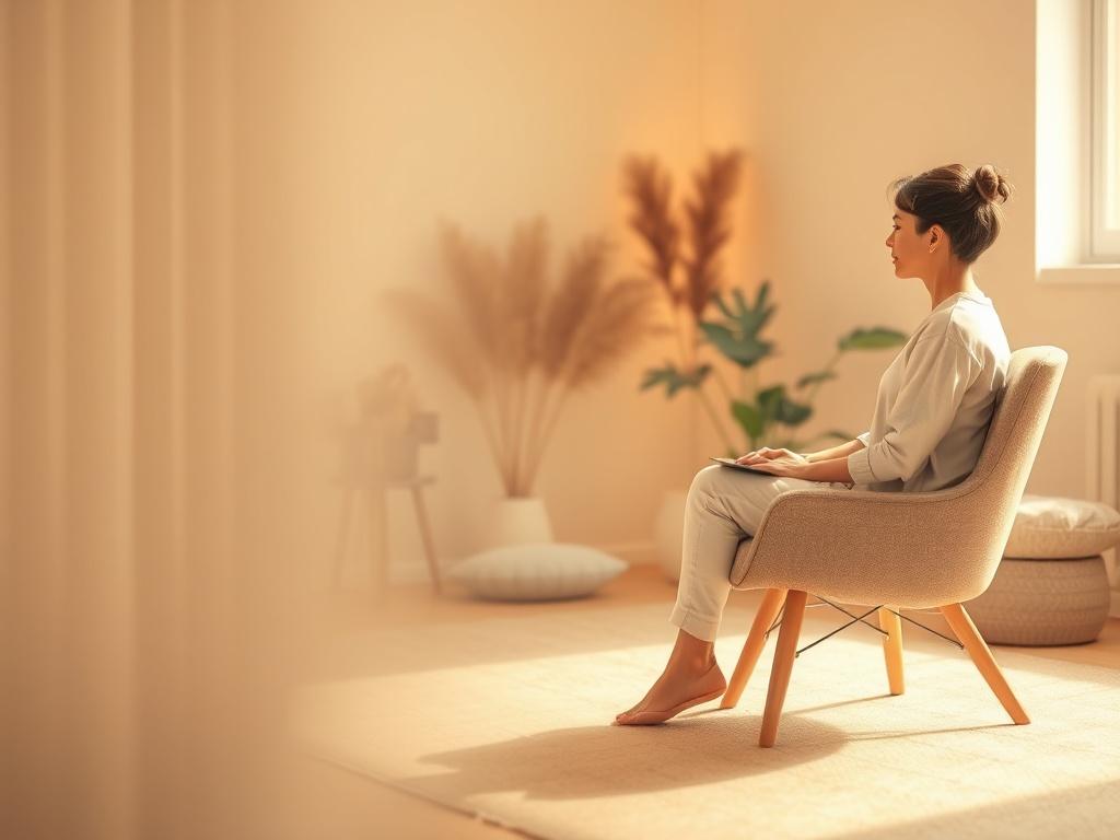 A tranquil individual therapy session in a softly lit space, featuring a comfortable chair and a calming atmosphere. The therapist listens attentively to the client, who appears reflective and engaged. The background includes warm colors and natural elements to enhance the serenity.