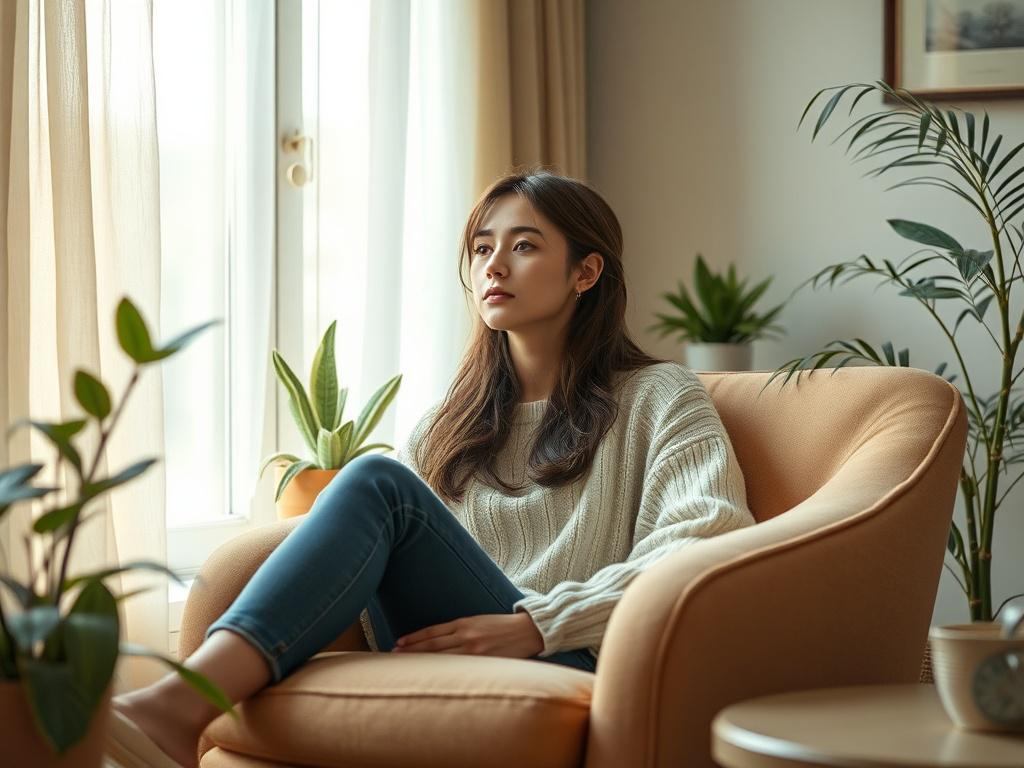 Create a realistic high-resolution photo that embodies the theme of "Η σημασία της ψυχοθεραπείας." The composition should be simple and clear, featuring a single subject: a thoughtful young woman, sitting comfortably on a soft, inviting chair in a warmly lit room. She should have a serene expression, reflecting a moment of introspection as she gazes out a nearby window. 

The background should consist of gentle, natural elements such as potted plants and soft curtains that diffuse the light, creating a calm