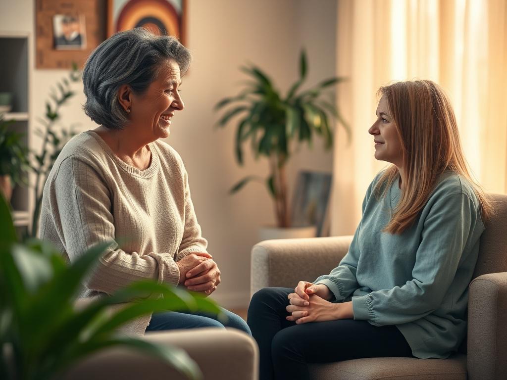 A compassionate therapist in a peaceful, softly lit office, sitting across from a grieving client. The therapist, a middle-aged woman with a gentle smile, listens attentively while the client, a young adult, expresses their feelings of loss. The background is warm and inviting, with plants and comfortable furniture, creating a serene atmosphere that encourages open dialogue.