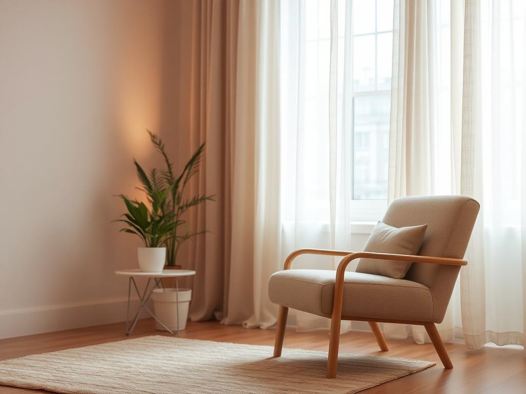A serene and comforting therapy room with soft lighting and gentle colors. The room features a comfortable armchair and a small table with a calming plant. The background shows a window with soft curtains, allowing natural light to filter in, creating a peaceful atmosphere. The overall tone of the image is warm and inviting, designed to evoke feelings of safety and tranquility.