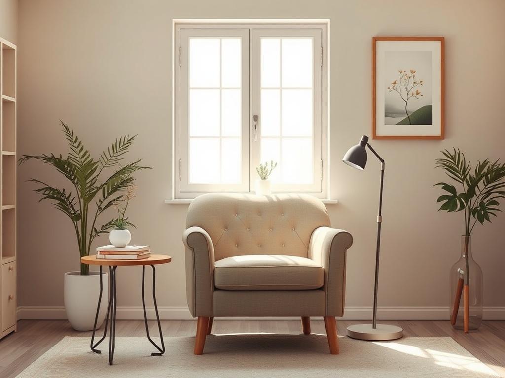 Create a realistic high-resolution photo reflecting the theme of "Η Δύναμη της Ψυχοθεραπείας". The composition should be simple and clear, focusing on a single subject: a calm and serene therapist's office. In the center, place a comfortable armchair with soft, neutral-colored upholstery, inviting for a therapy session. The background should feature a softly illuminated window allowing gentle natural light to filter in, casting a warm glow across the room. 

Include a small table next to the armchair with a