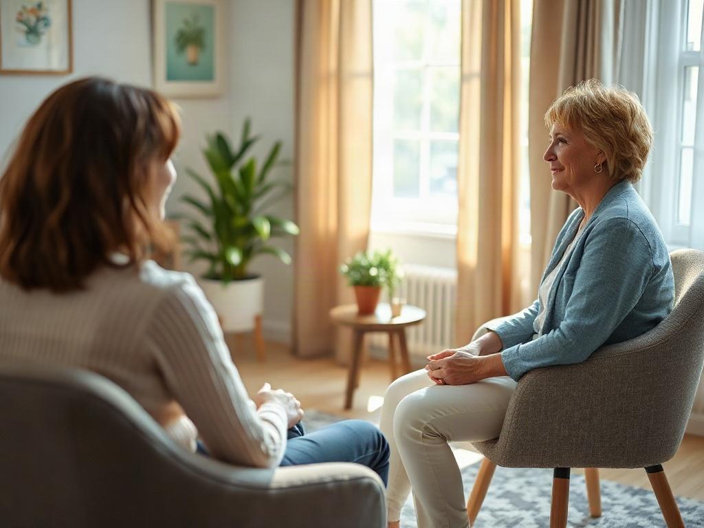 A serene therapy session in a softly lit room, with a comfortable chair and a small table with a plant. The therapist, a woman in her 30s, is attentively listening to a client sitting across from her. The atmosphere is calm and inviting, with soft colors and natural light flooding the space.