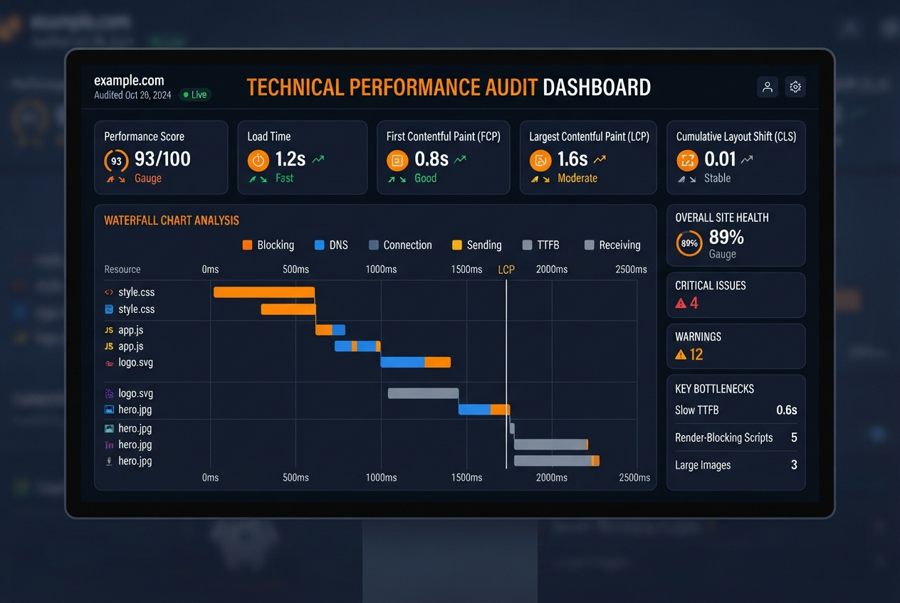 Performance dashboard showing waterfall charts and metrics