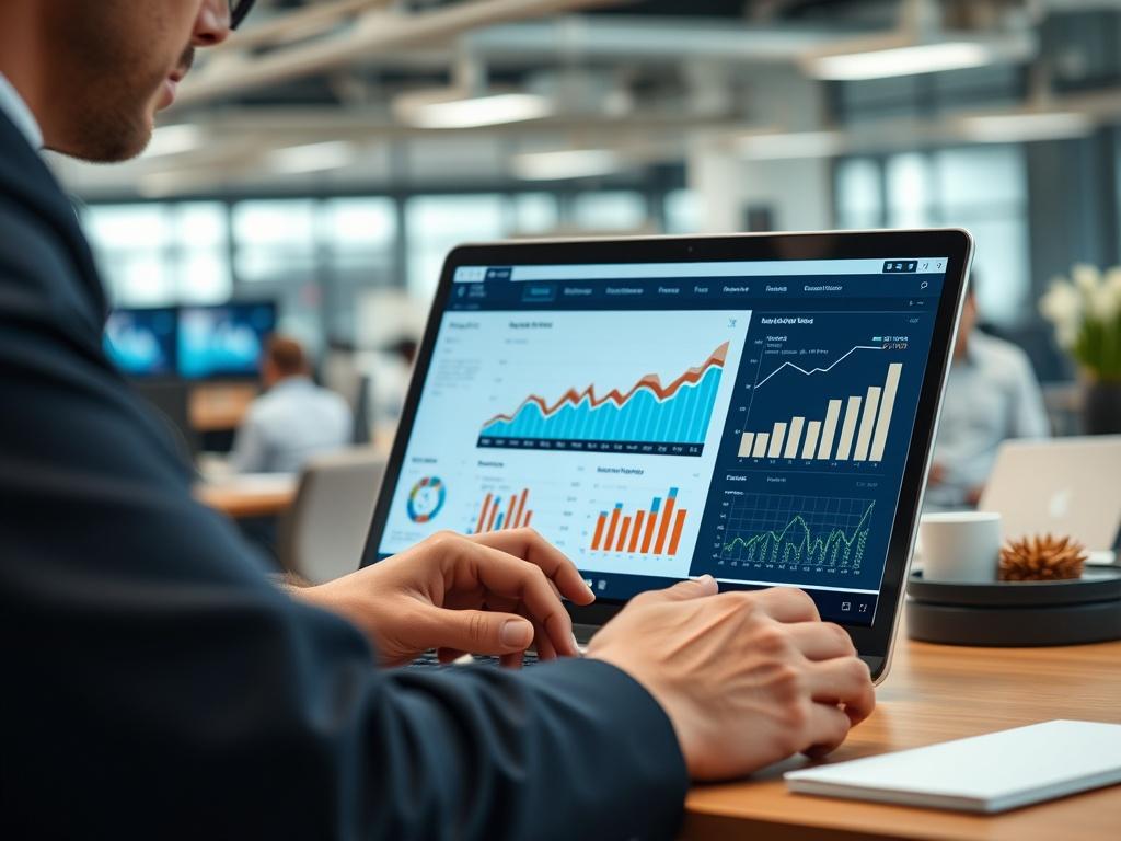 A close-up shot of a laptop screen displaying analytics and growth metrics, with a business professional analyzing the data. The background should depict a busy office environment, emphasizing productivity and strategic planning.