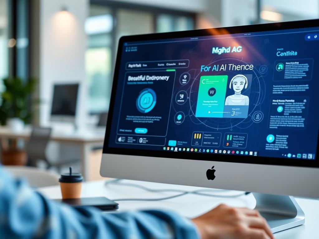 A close-up shot of a computer screen displaying a beautifully designed website, with a user interacting with the AI interface. The background is a soft-focus office environment, emphasizing creativity and innovation. The image should be hyper-realistic, showcasing vibrant colors and a clean aesthetic.