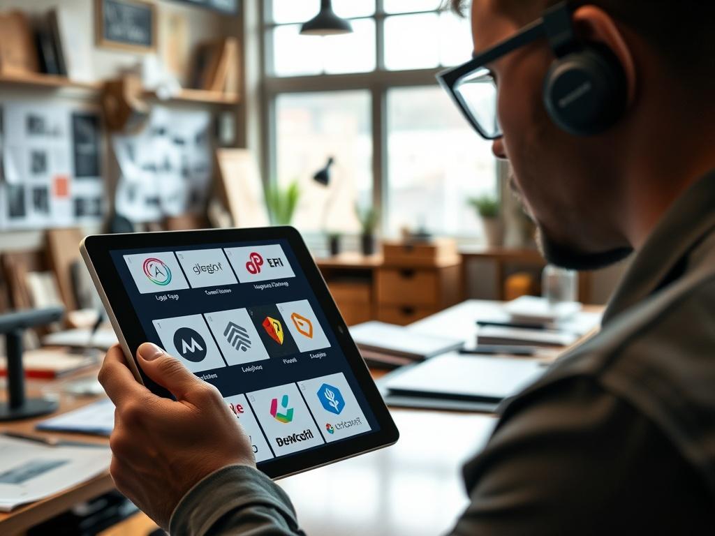 A close-up shot of a digital tablet displaying various logo designs generated by AI, with a designer thoughtfully reviewing the concepts. The background is a modern workspace, filled with design materials and tools, creating an inspiring atmosphere.