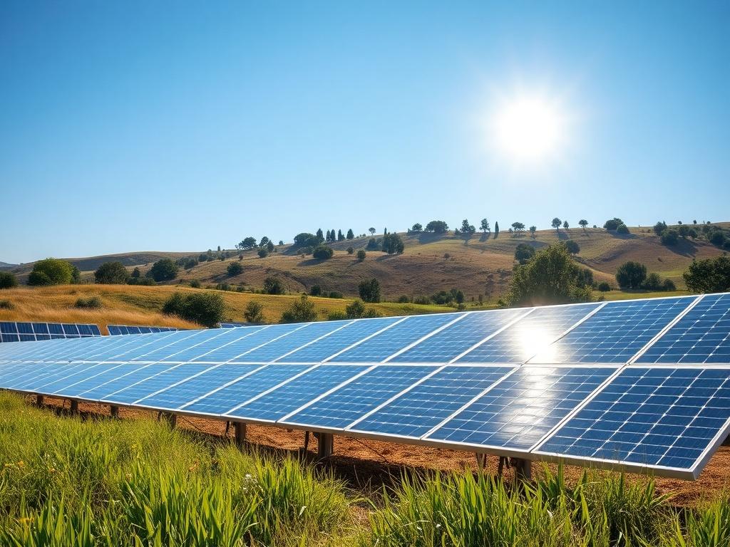 A vibrant solar power park with large ground-mounted photovoltaic panels under a clear blue sky. The foreground features lush green grass and a few scattered wildflowers, emphasizing the harmony between technology and nature. The sun is shining brightly, casting soft shadows on the panels, symbolizing energy generation. In the background, gentle hills and trees complete the serene landscape.