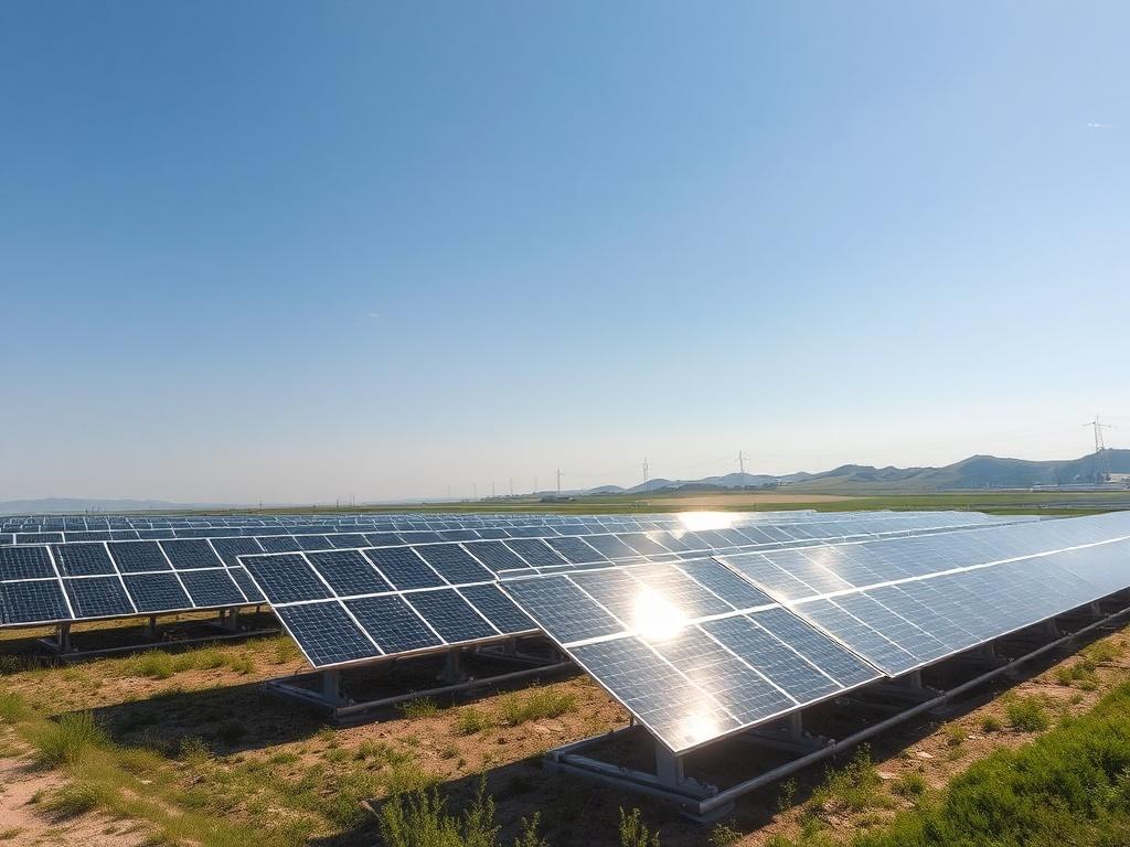 A realistic high-resolution photo of a solar power park with large ground-mounted solar panels under a clear blue sky. The image should capture the expansive field of solar panels reflecting sunlight, surrounded by natural landscapes like green fields and distant hills. The scene should convey a sense of sustainability and clean energy, with earthy tones and a grounded aesthetic.