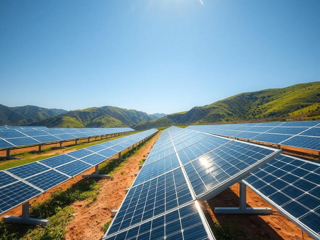 A realistic high-resolution photo of a large solar power park with multiple solar panels installed in rows under a bright blue sky. The landscape should feature green hills in the background and a clear view of the solar panels reflecting sunlight. Ensure the image conveys a sense of advanced technology and environmental sustainability.
