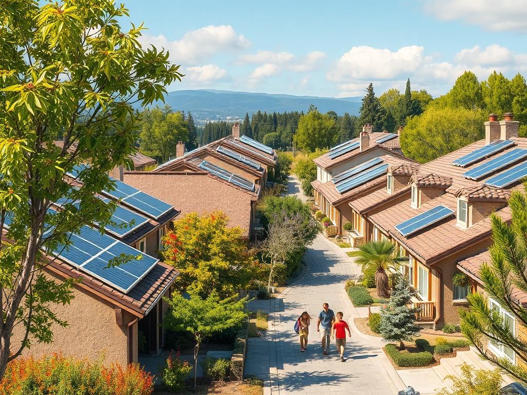 A realistic high-resolution photo of a residential neighborhood with solar panels installed on rooftops and green trees lining the streets. The image should capture a sunny day with families enjoying outdoor activities, exemplifying a vibrant community powered by renewable energy.