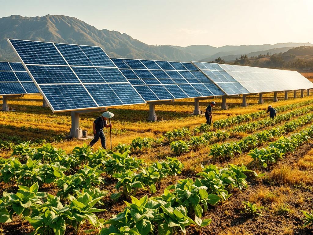 A realistic high-resolution photo of a solar power plant set in an agricultural landscape, showcasing large solar panels with crops growing nearby. The image should reflect a harmonious integration of solar technology and farming, with farmers working in the fields under a bright sky.