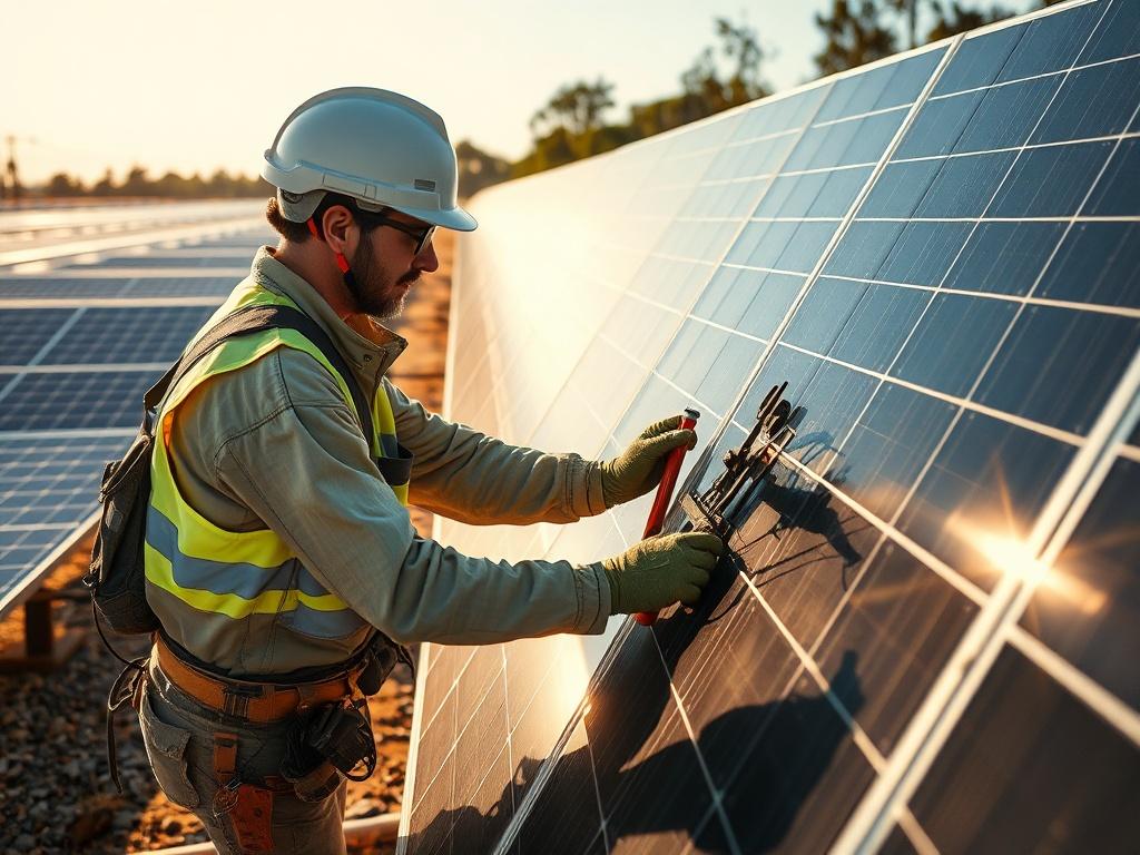 A technician performing maintenance on a solar panel, equipped with tools and safety gear, surrounded by rows of solar panels under sunlight. The image conveys dedication to the ongoing operations and maintenance of solar energy installations.