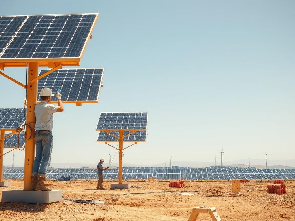 A construction site of a solar power plant with workers installing solar panels on large ground-mounted structures. The background features clear skies and distant solar panels, showcasing an active solar energy project in progress.