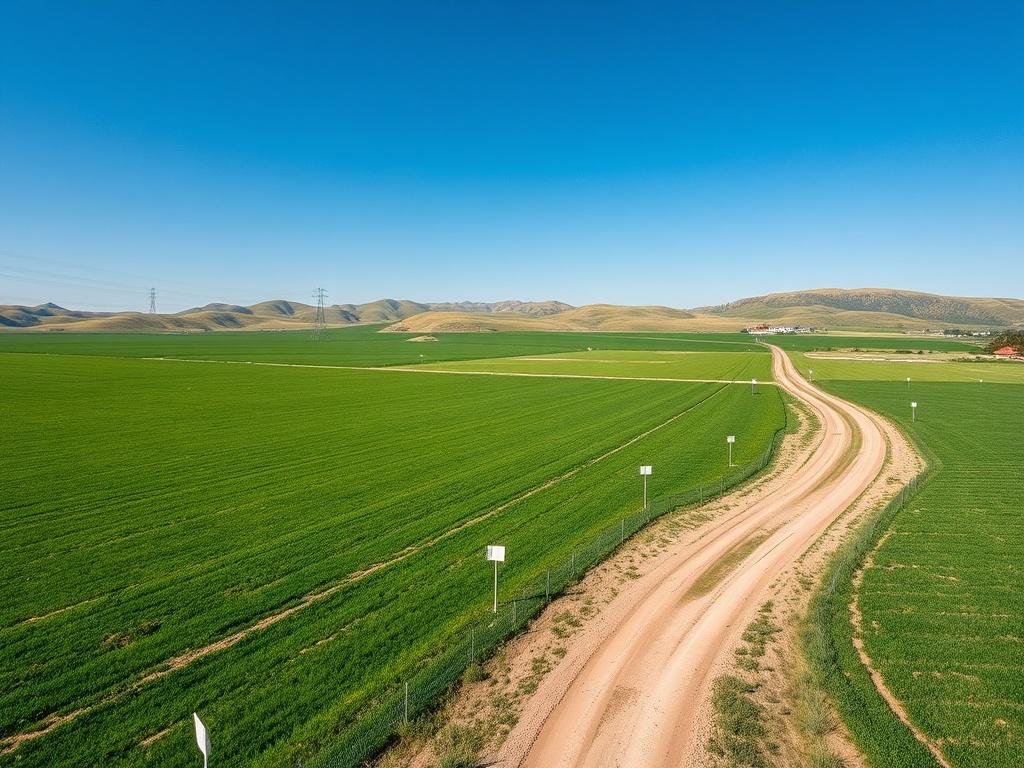 Aerial view of a vast green field under a clear blue sky, marked with flags indicating survey points for a solar power project. The landscape features gentle hills in the background and a small access road leading to the site. The scene conveys the essence of land identification for solar projects.