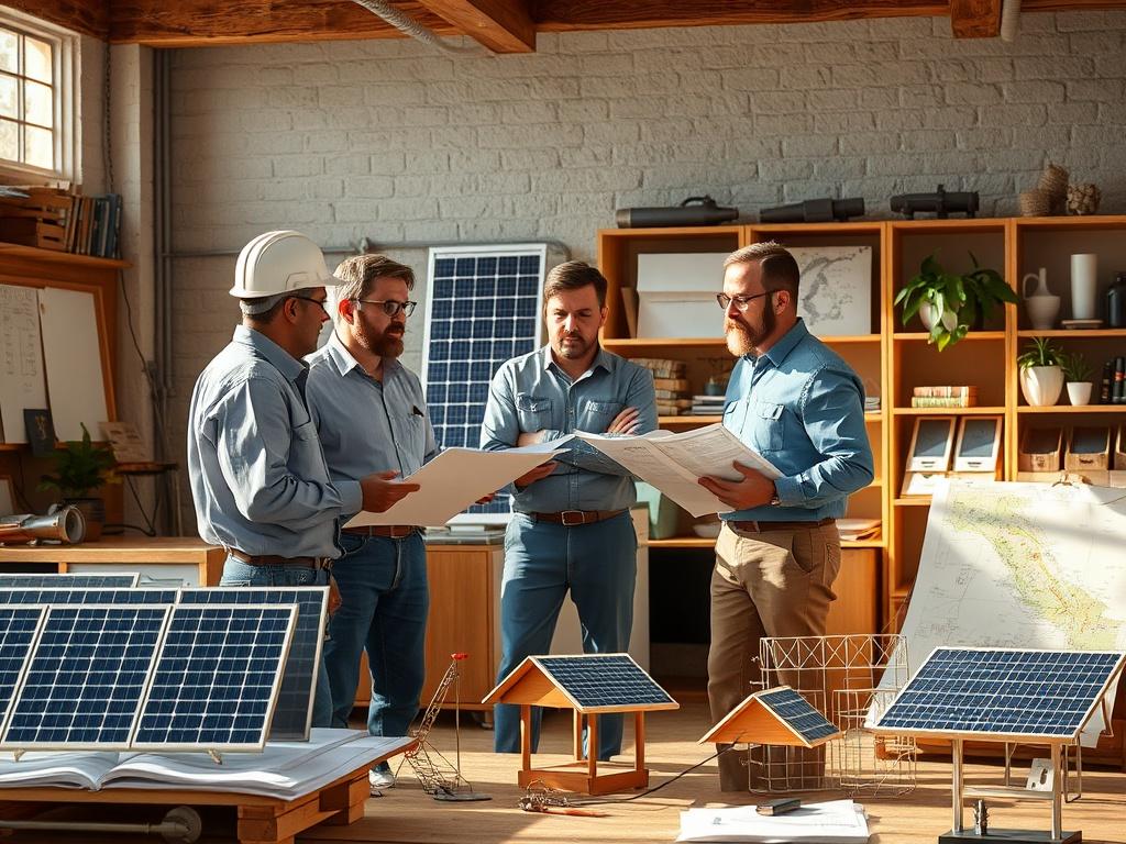 Engineers discussing solar panel designs in an office, with blueprints and solar technology models visible.