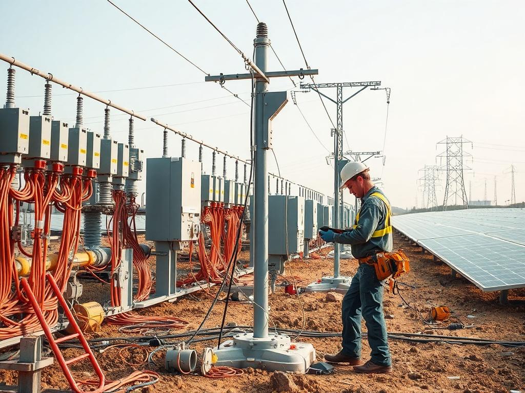 Technicians working on electrical connections at a solar power plant, with power lines and transformers visible.