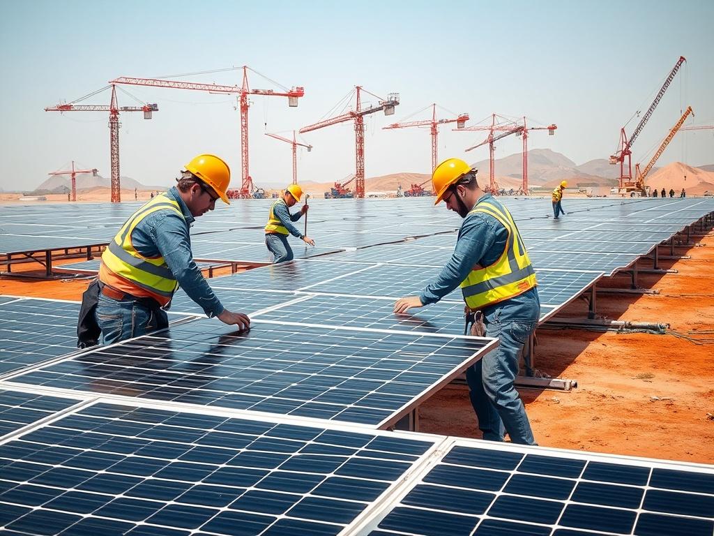 Construction workers installing solar panels in a large solar power park, with cranes and equipment in the background.