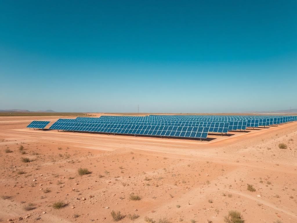 Aerial view of a vast landscape ideal for solar panel installations, showcasing flat terrain under a clear blue sky.