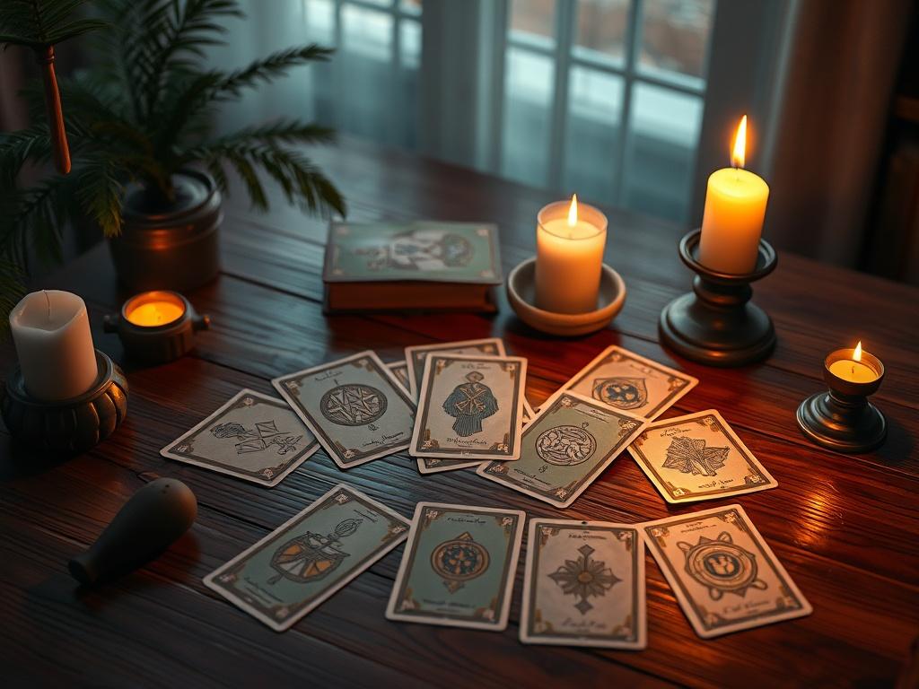 A serene setup featuring a beautifully arranged tarot card spread