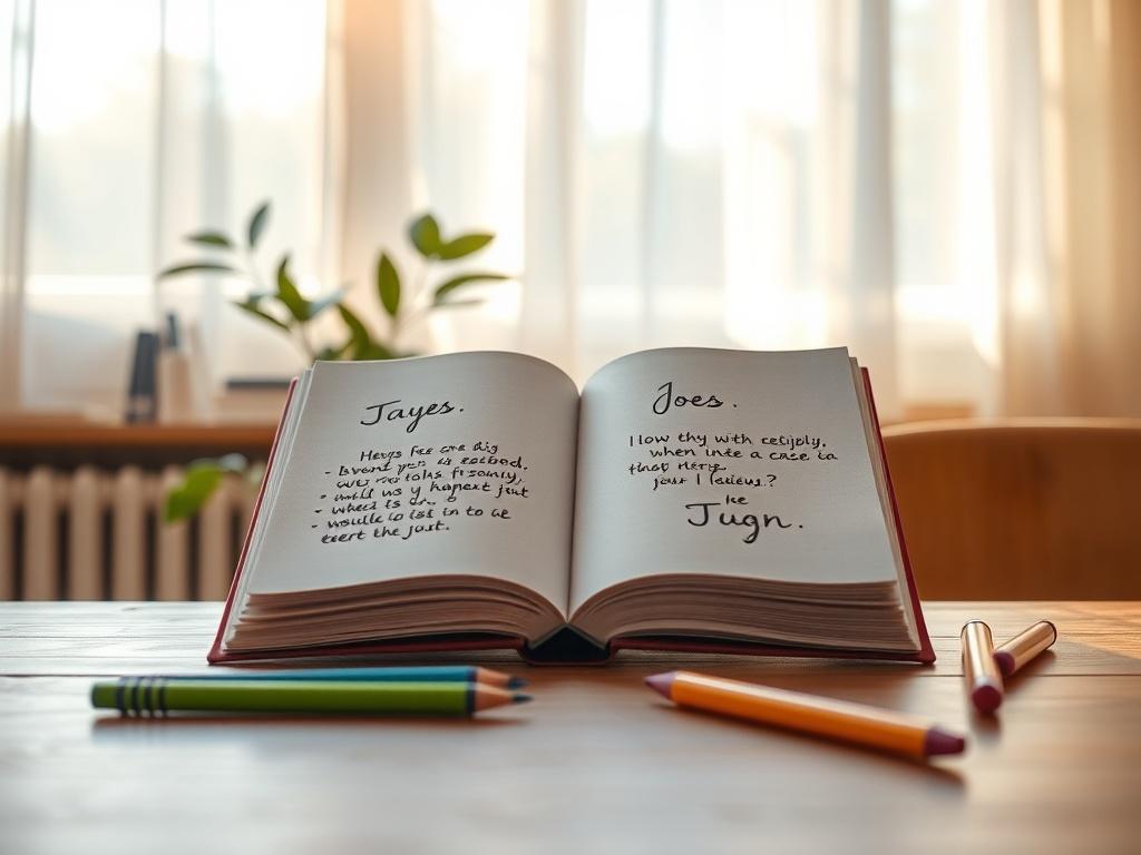 Create a realistic high-resolution photo for a blog titled "Daily Jokes to Brighten Your Day." The composition should be simple and clear, featuring a single subject: an open notebook with handwritten jokes on the pages. The notebook should be placed on a wooden table, surrounded by a few colorful pencils or markers, showcasing a creative and inviting atmosphere. 

In the background, place a soft-focus, cozy setting, such as a sunlit window with sheer curtains letting in natural light, adding warmth and bri