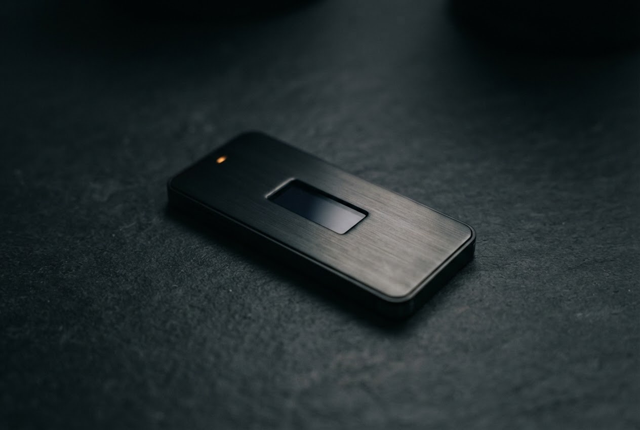 Unbranded black hardware wallet resting on a dark work surface, shown fully in a soft green and amber cinematic glow