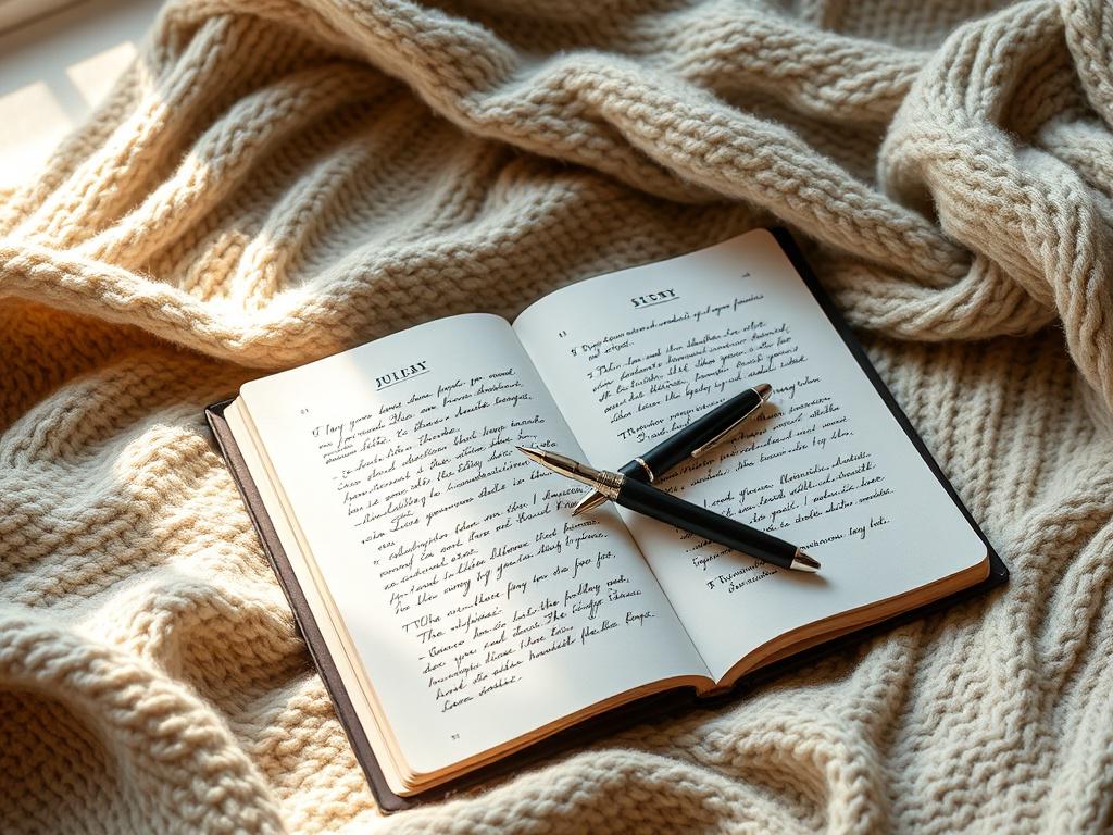 An open journal laid flat on a cozy, textured blanket,