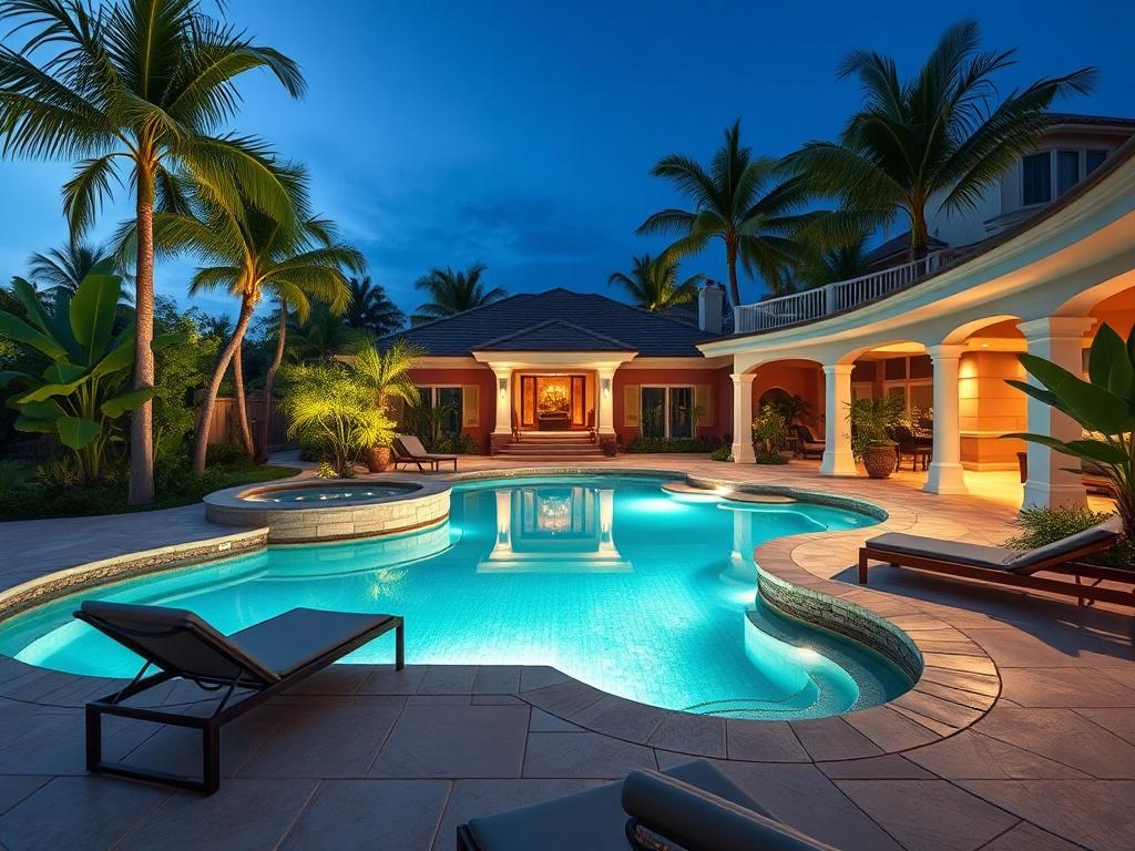 A beautifully constructed swimming pool located in an upscale backyard