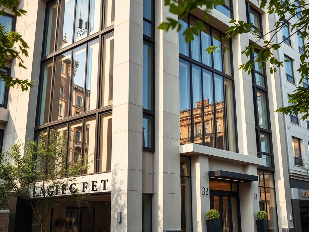 A striking architectural exterior of a modern building  The